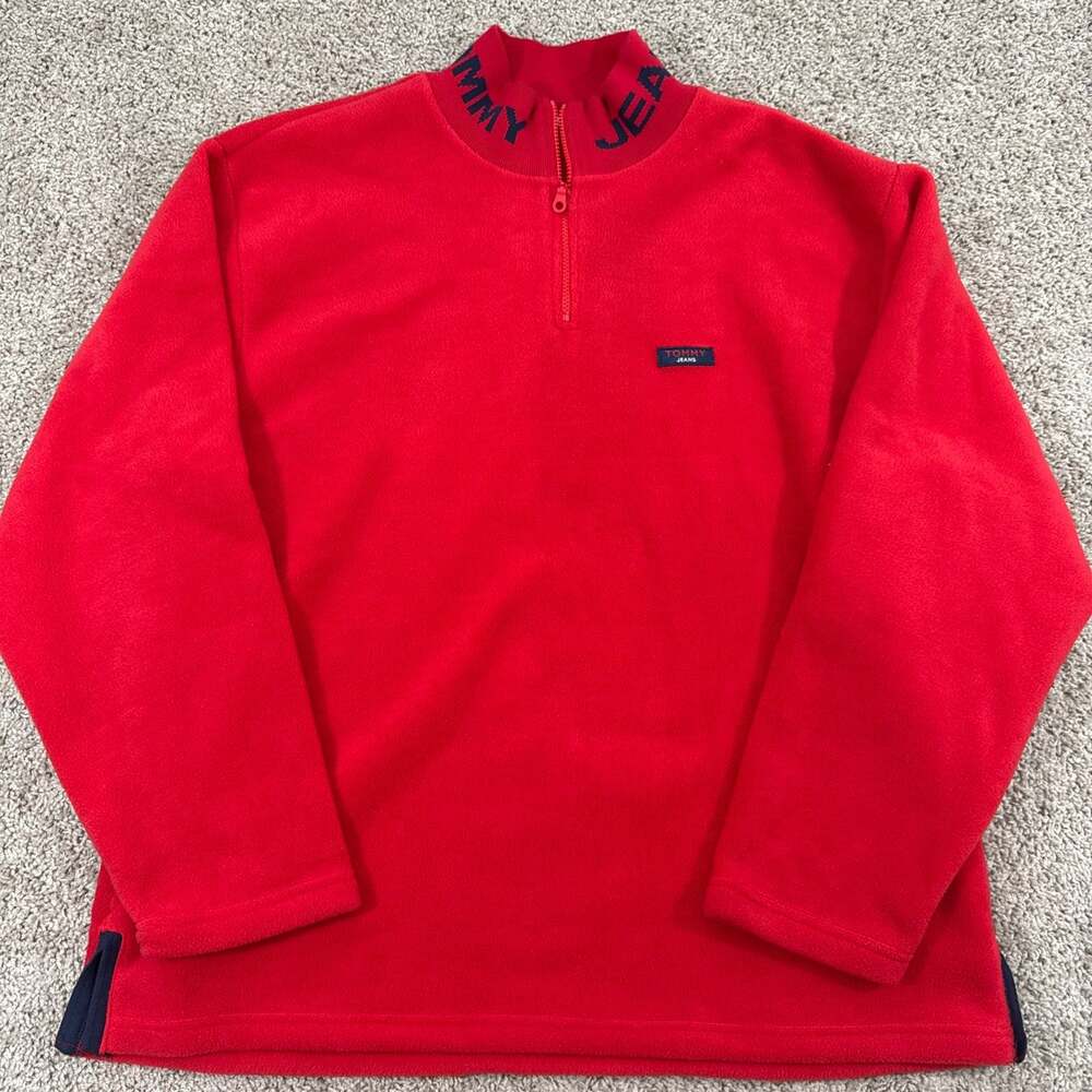 Vintage Tommy Jeans Quarter Zip Fleece Mock Neck Spellout Mens XL Red Y2K EUC